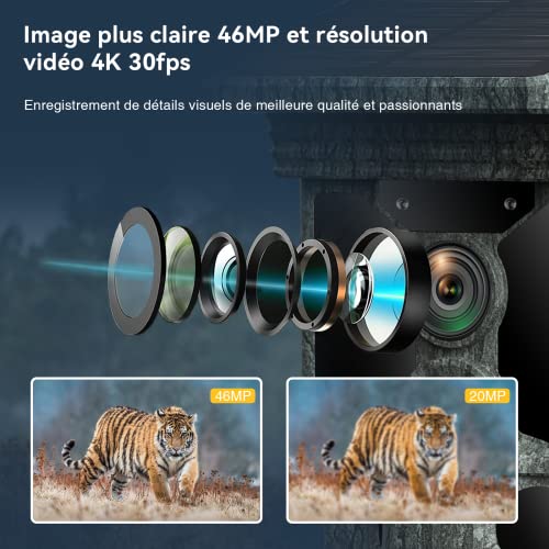 Caméra de Chasse Solaire 4K 46MP, Camera Chasse WiFi Bluetooth